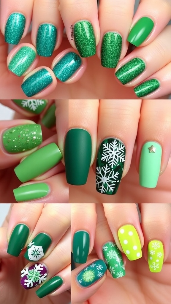 A display of green Christmas nail designs including glitter, matte, and festive patterns.